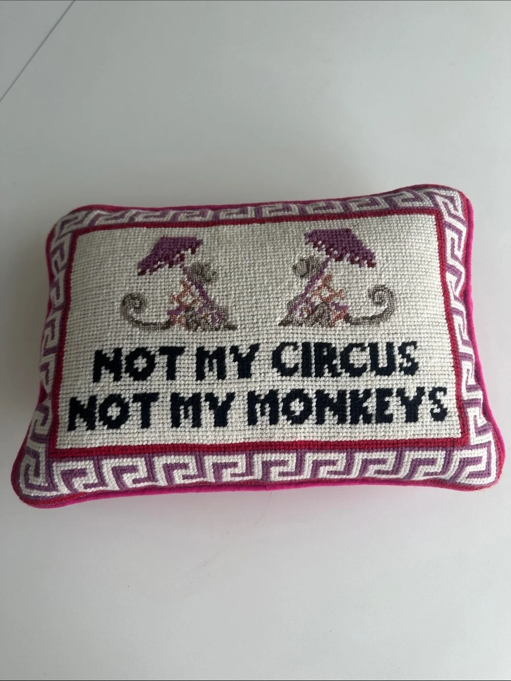 Furbish Embroidered Pink Accent Pillow - 'Not My Circus Not My Monkeys'
